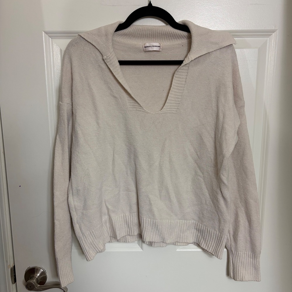 Sandro Ferrone Roma Cream V-Neck Collar Knit Sweater Made in Italy Size S